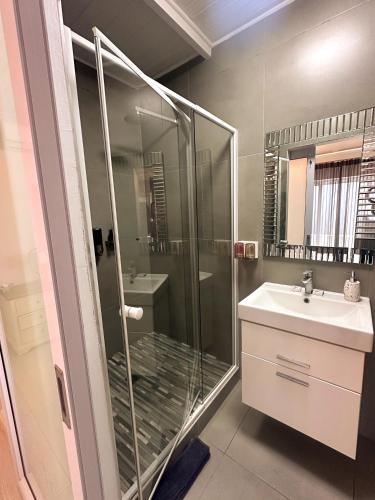 a bathroom with a shower and a sink at La Flamingo Guesthouse in Walvis Bay