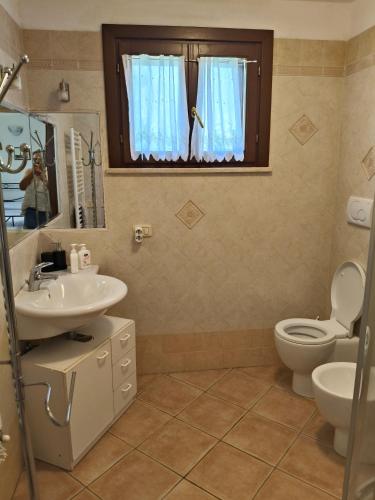 a bathroom with a sink and a toilet and a window at Agriturismo Pettinari in Marina di Grosseto