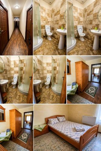 a collage of four pictures of a bathroom with toilets at Crama Tărănească in Tătărani