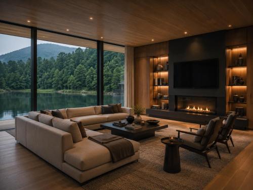 a living room with a couch and a fireplace at De Holiday Home in Haenertsburg