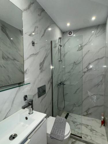 a bathroom with a shower and a toilet and a sink at Eleana's apartments in Gouvia
