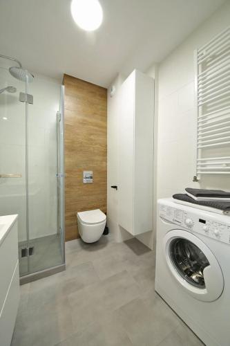 a bathroom with a washing machine and a toilet at A very cozy apartment with a large bed in Wrocław