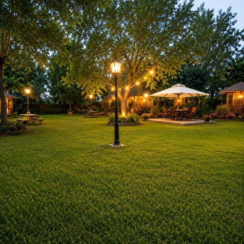 a park with a light pole in the grass at שורשי הגליל - 6 בקתות מדהימות עם ג'קוזי, גינה וקרבה לנחלים in Yuval