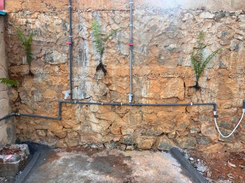 a stone wall with pipes on the side of it at Sinharaja Eco Camp in Deniyaya