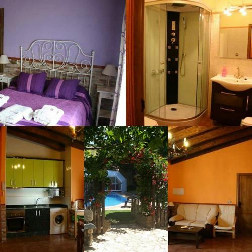 a collage of three pictures of a bedroom and a bathroom at La Aldea in Alcaraz