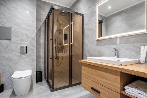 a bathroom with a shower and a toilet and a sink at Auris Hotel & Restobar in Almaty