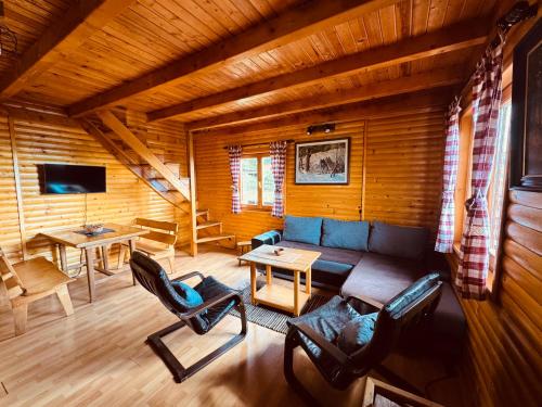 a living room with a couch and chairs in a cabin at Brvnara Jevtic, Tara in Mokra Gora