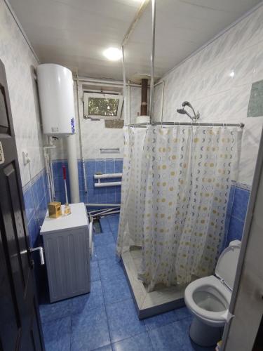 a bathroom with a toilet and a shower curtain at Хостел18А in Nukus