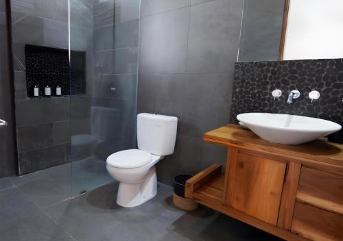 a bathroom with a toilet and a sink and a shower at Villa Sarn 1 Sanur in Sanur