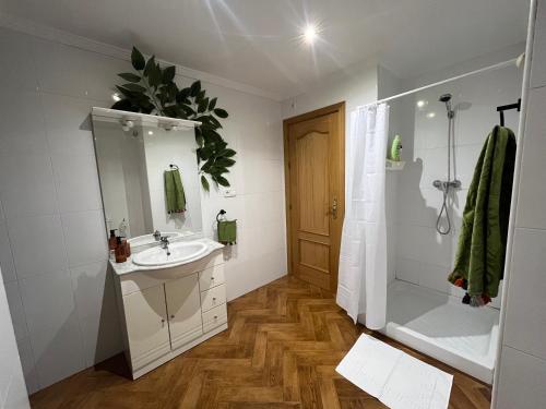 a bathroom with a sink and a shower at Casa de los Yayos in Vélez de Benaudalla