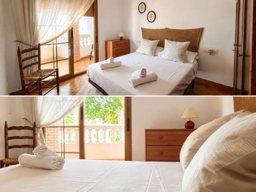 a bedroom with two beds and a window at Casa de los Yayos in Vélez de Benaudalla