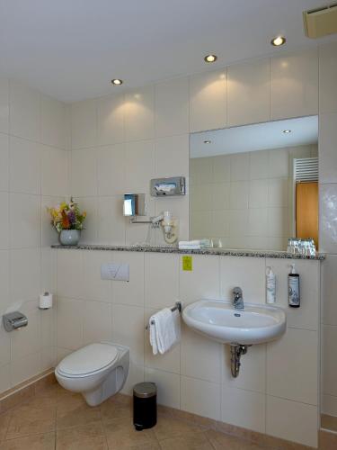 a bathroom with a sink and a toilet and a mirror at Hotel am Rhein in Wesseling