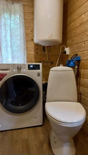 a bathroom with a toilet and a microwave at Muhu Garden Cabin in Suuremõisa