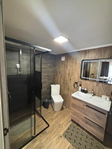a bathroom with a shower and a toilet and a sink at Тиша біля річки in Izki
