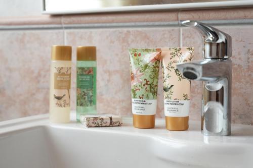 a bathroom sink with four products on a counter at Villa Anastasia in Carpi