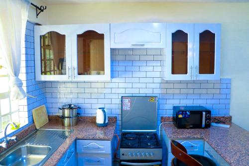 a blue kitchen with a stove and a sink at Dobajo Homes2 in Kisumu