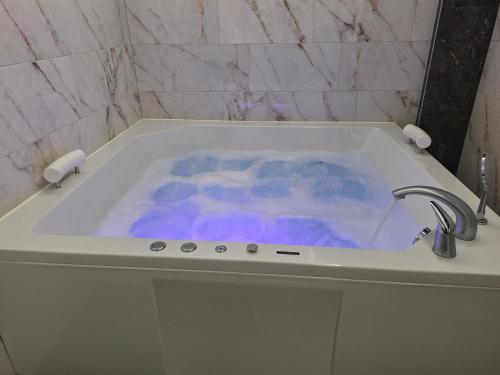 a bath tub filled with blue and purple fluid at LUX Apartman Tara Pale Jahorina in Pale