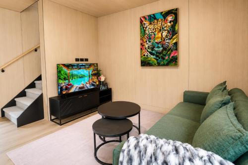 a living room with a couch and a television at Relax on Remarkable in Queenstown