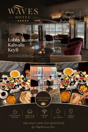 a collage of photos of a restaurant with food at Waves hotel in Avcılar