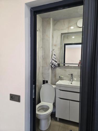 a bathroom with a toilet and a sink and a mirror at hyuratun Shamlugh in Shamlugh