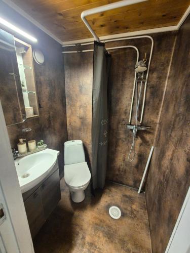 a bathroom with a shower and a toilet and a sink at Cozy Home in Stokmarknes