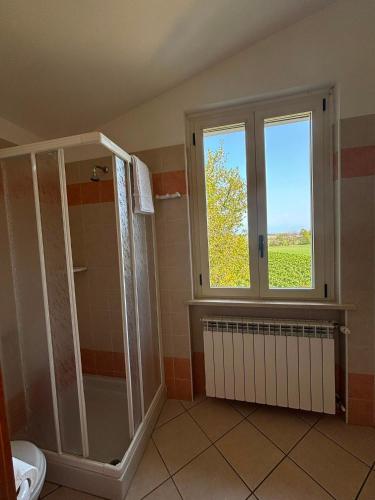 a bathroom with a shower and a window at La Porta del Lugana - Albergo Quattro Pini in Pozzolengo