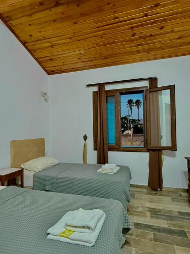 a bedroom with two beds and a window with palm trees at MAGIC MOON guest house in Famagusta