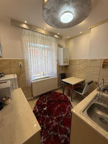 a kitchen with a sink and a table and a window at Kaira place in Lupeni