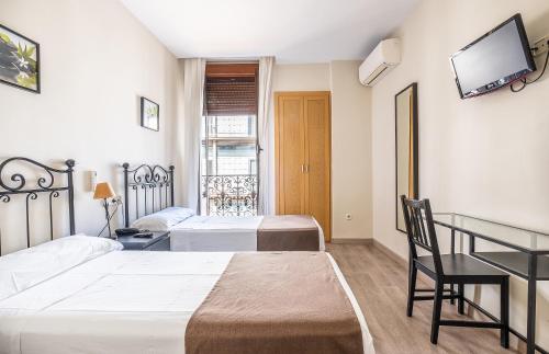 a bedroom with two beds and a desk and a television at Hostal El Pilar in Madrid