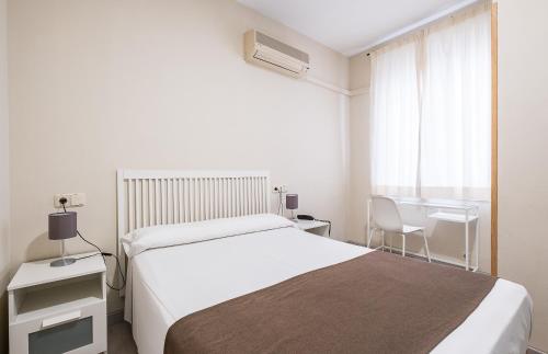 a bedroom with a bed and a desk and a window at Hostal El Pilar in Madrid