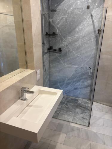 a bathroom with a sink and a shower at W Dolinie in Małkowice