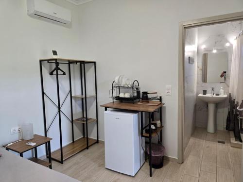 ein Badezimmer mit einem weißen Kühlschrank und einem Waschbecken in der Unterkunft Garden Room by the Vineyard Salamis in Aiándion