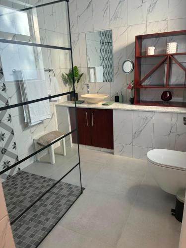 a bathroom with a toilet and a sink at House Foxglove in Paarl