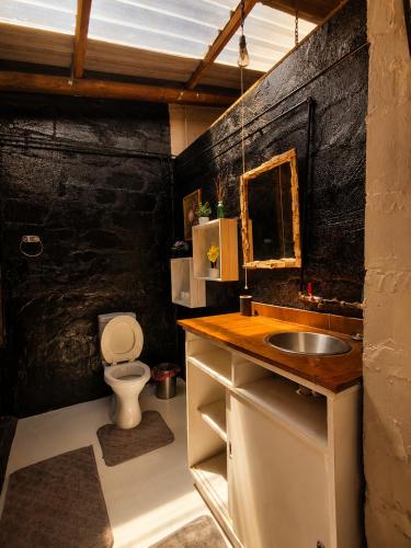 a bathroom with a sink and a toilet at 11 Mountain Stream Hot Tub Self Catering in Gordonʼs Bay