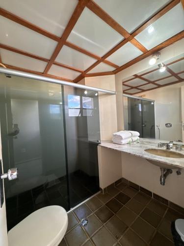 a bathroom with a shower and a toilet and a sink at Hotel Veredas in Paracatu