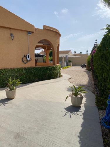 a walkway in front of a house with two potted plants at Laguna del Flamenco in Torrevieja