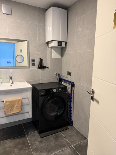 a washing machine in a bathroom with a sink at Moderne 2 Zimmer Wohnung Küche und Bad im Zentrum in Merzig