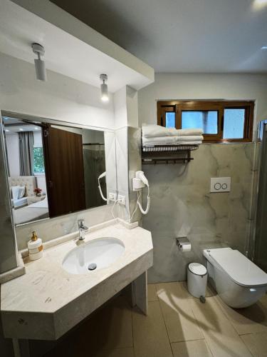a bathroom with a sink and a toilet and a mirror at Hotel Legjenda in Shkodër