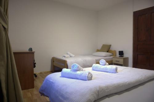 a bedroom with two beds with blue pillows on them at FoRest Apartment in Mokra Gora