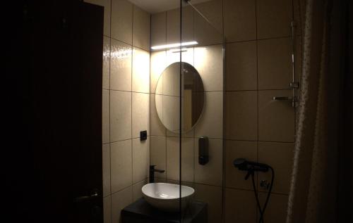 a bathroom with a sink and a mirror on the wall at FoRest Apartment in Mokra Gora