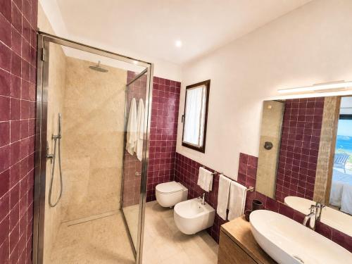 a bathroom with a shower and a toilet and a sink at Villa Ottavio Costa Smeralda View 360 in San Pantaleo