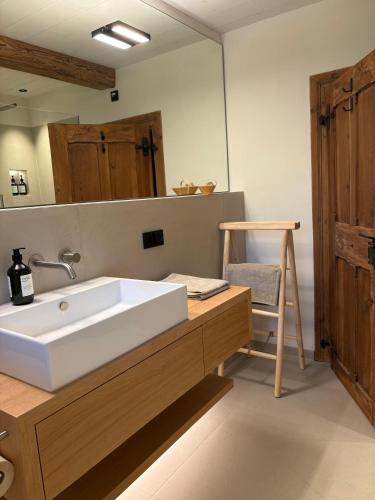 a bathroom with a large white sink and a mirror at Das versteckte Nest in Seeon-Seebruck