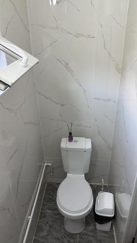 a white toilet in a bathroom with marble walls at Atabek in Bosteri