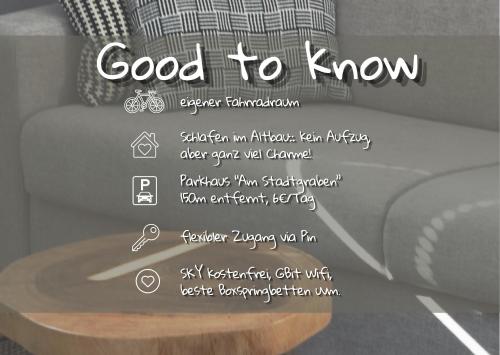 a sign that says good to know on a couch with a coffee table at Boutique-Hotel "Stilvoll" in Andernach