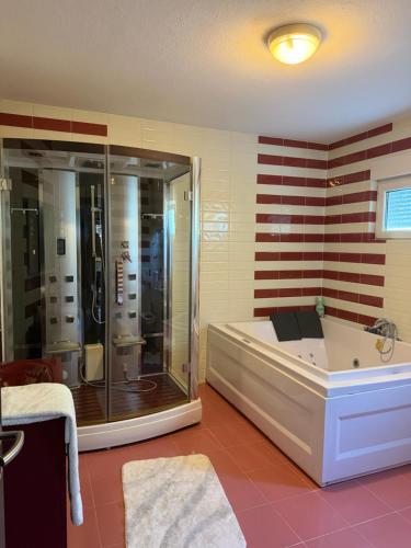 a large bathroom with a tub and a shower at Prishtina Luxury House in Laplje Selo