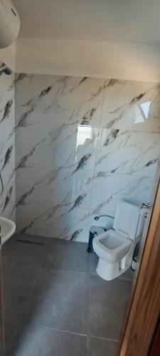 a bathroom with a toilet and a marble wall at Vila Nakaj Guest House in Gjirokastër
