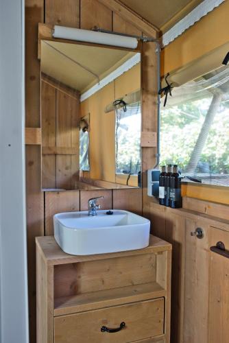 a bathroom with a sink and a mirror at Boeren glamping De Ruif De Peppelhoeve in Stoutenburg