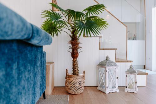 a palm tree in a living room with two lights at The Charming Loft in Esposende