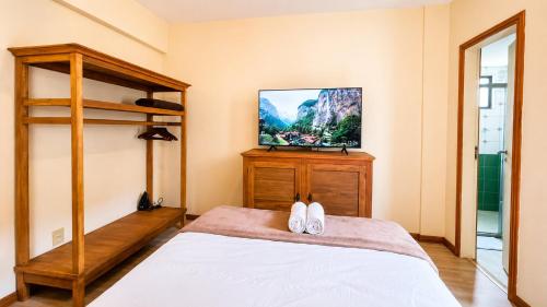 a bedroom with a bed and a flat screen tv at No centro da cidade 750m da universidade in Viçosa