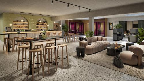 a rendering of a lobby with a bar with stools at BlackBrick Bryanston in Johannesburg